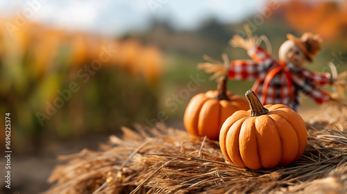 A dynamic fall harvest festival background with pumpkins and hay bales scattered across a rustic field colorful scarecrows in plaid shirts golden cornstalks swaying in the breeze