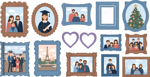 Family photo frame collection, cartoon portrait gallery with parents and kids, picture wall decoration, vintage and modern frame designs