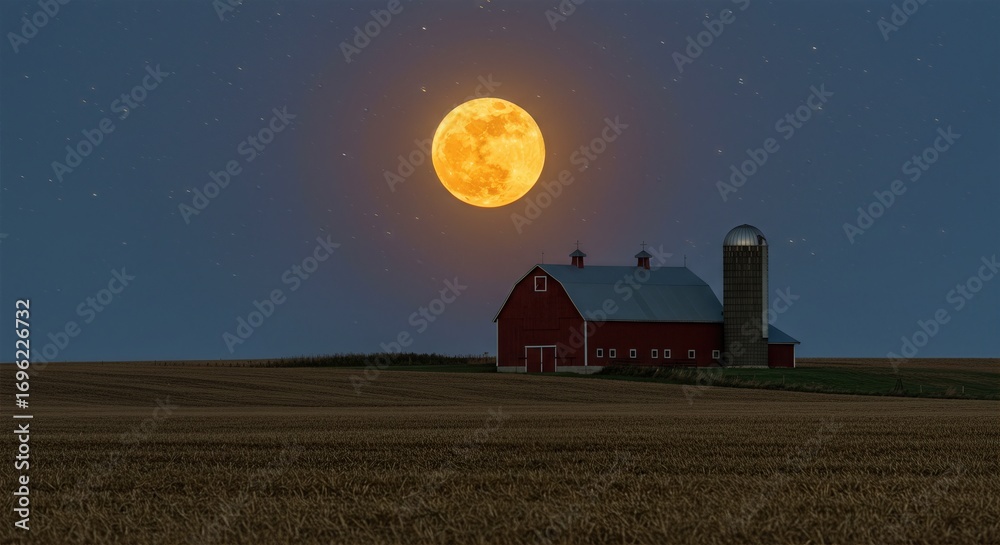 Fototapeta premium Peaceful Farmland Scene Featuring Glowing Moon, Autumn Field, and Traditional Barn
