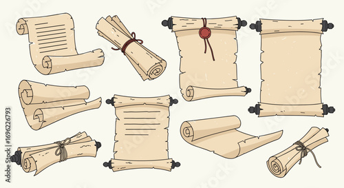 Collection of Rolled Old Paper Scrolls with Written Text and Seals