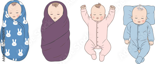 Cute sleeping baby illustrations in swaddle and pajamas, newborn poses clipart, pastel cartoon infant set for nursery decor