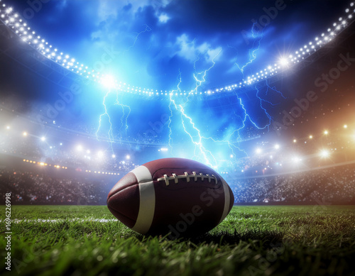 American Football hit by Lightning during Super Bowl Show in gigantic US Stadium