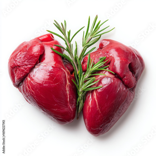 Two Raw Beef Hearts with Rosemary Sprig .

