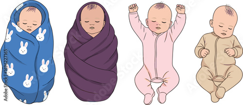 Cute sleeping newborn babies in swaddles and onesies, peaceful infant sleep positions, baby care concept, cozy baby clothing set