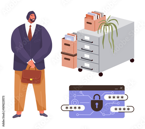Businessperson holding a briefcase, filing cabinets with folders and plant, and password-protected secure digital interface. Ideal for data security, professionalism, organization, office life