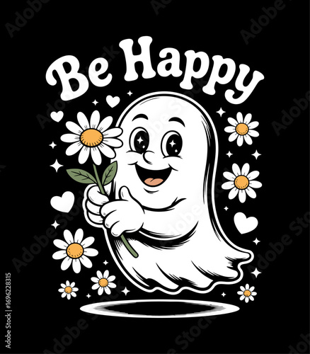 Cheerful ghost character with daisy flowers and "be happy" text vector illustration