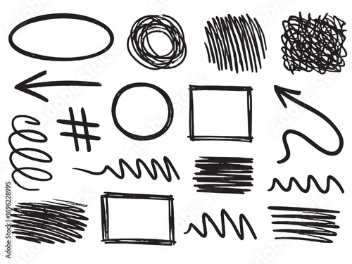 Hand drawn scribble doodle sketch set – marker strokes, arrows, circles, frames, borders, highlights, abstract shapes
