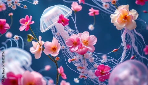 Colorful Jellyfish and Flower Display in Ocean