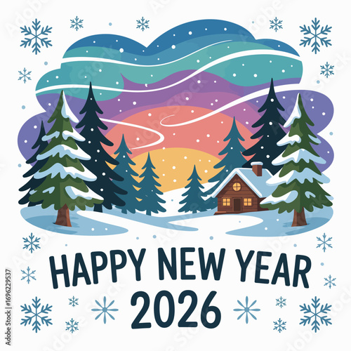 Happy New Year 2026 snowy landscape with aurora borealis and cabin winter
