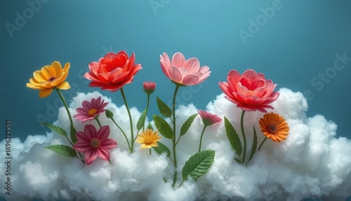 Colorful Paper Flowers Blooming on Cotton Clouds