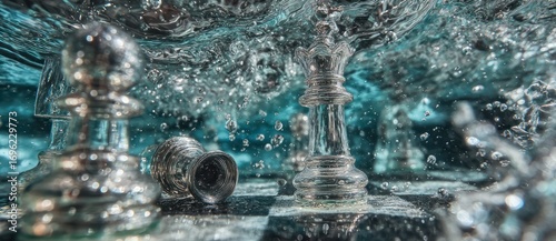 Clear chess pieces submerged in bubbly water on a black and white checkerboard, showcasing surreal, strategic game scene