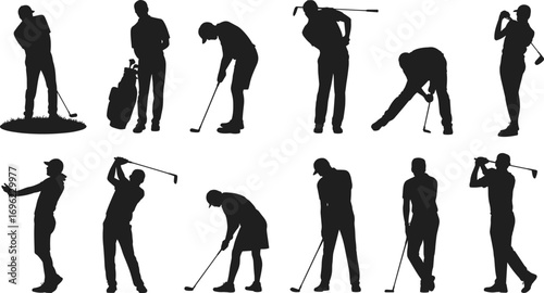Golf silhouettes, swing poses, putting stance, golf club action, sports movement, athletic posture, golfer icons, training, outdoor activity, black figures, golf bag, professional sport