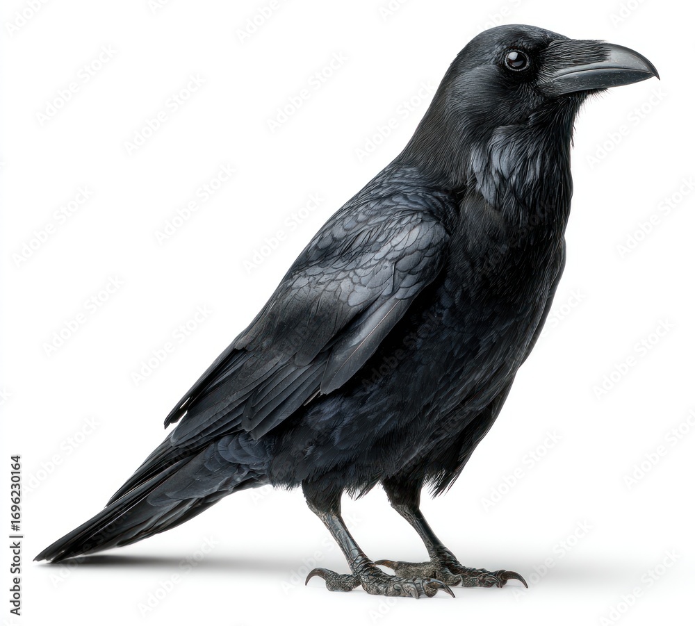 Fototapeta premium Raven with glossy black plumage, standing on ground, isolated on white. Detailed feathers visible under studio lighting