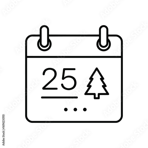 Minimalist Line Art Calendar Icon Featuring December 25 with Pine Tree Symbol – Black and White Christmas Design for Holiday Graphics and UI Elements