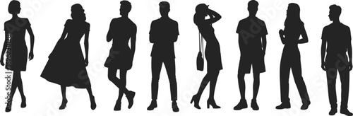 Fashionable people silhouettes, standing poses, casual and formal clothing, male and female figures, lifestyle, gesture, posture, black icons, vector art, full body, stylish stance