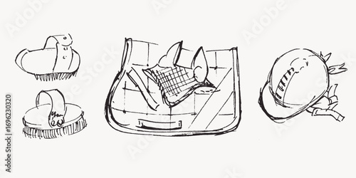 Horse grooming tools, horseback riding items, hand drawn  illustration