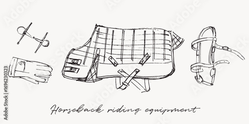 Hand drawn illustrations of horse blanket, bridle, riding gloves and bridle bit. Horseback riding equipment