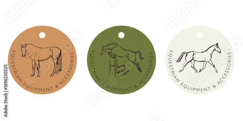 Sketchy horse drawings, tag design concept for equestrian products and equipment
