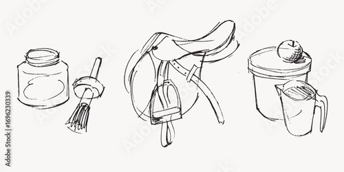 Hand drawn illustrations of horse riding saddle, grooming product and food supplements