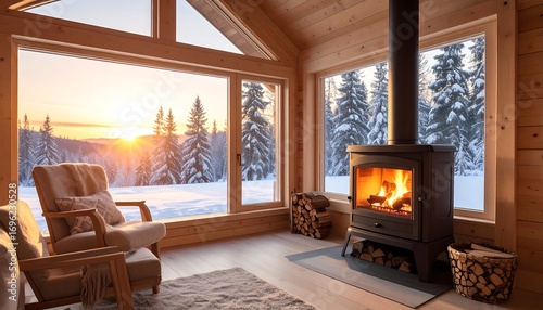Cozy wooden cabin interior with a fireplace, comfortable chairs, and expansive windows offering a stunning view of a snow-covered forest at sunset. The warm firelight creates a welcoming atmosphere