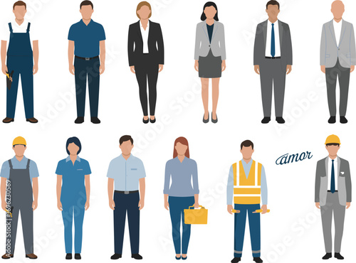 Profession illustrations, diverse workers, business attire, construction, office staff, uniforms, career roles, vector people, industry, employment, teamwork, job diversity
