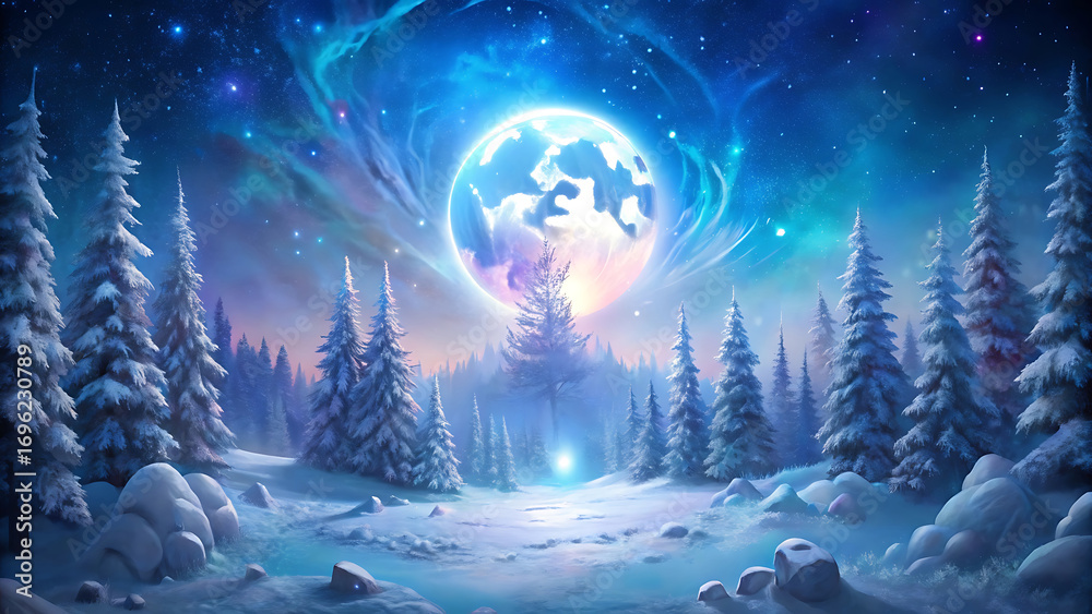 Fototapeta premium Magical snowy background with glowing moon pine forest vector illustration on white background