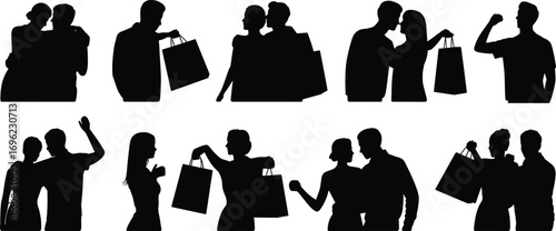 Shopping couple silhouettes, retail activity, people with bags, consumer behavior, black icons, vector, lifestyle, gesture, posture, mall scene, fashion, purchase