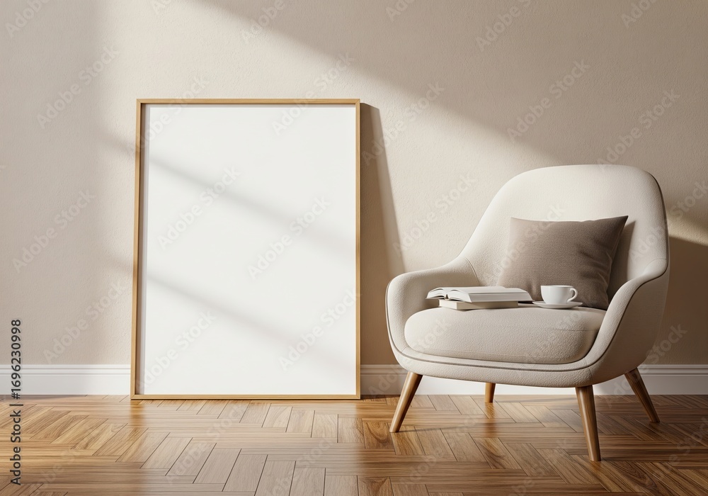 Fototapeta premium Cozy Interior Mockup with Blank Wooden Frame and Armchair