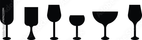 Wine glass icon set collection group in black flat style, beverage drink goblet cup symbol bundle, alcohol bar cocktail champagne liquor illustration, isolated on transparent background vector