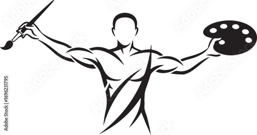 Vector art of silhouette of a muscular artist holding a paintbrush and a palette