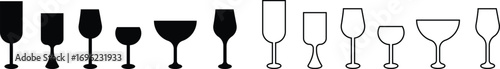 Wine glass icon set collection group in black flat and line style, beverage drink goblet cup symbol bundle, alcohol bar cocktail champagne liquor illustration isolated on transparent background vector
