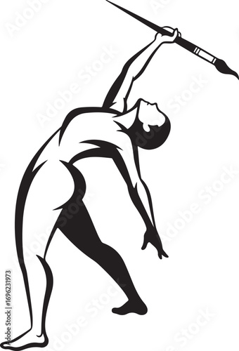 Vector art of a stylized black and white illustration of a nude female athlete in a dynamic pose, preparing to throw a javelin