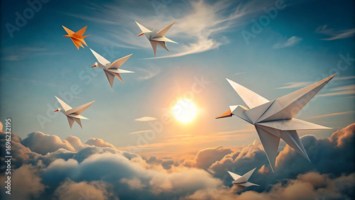 Paper origami birds flying across sky symbolizing peace vector illustration on white background  