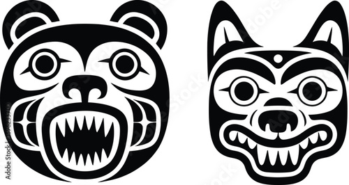 Tribal bear and wolf faces black