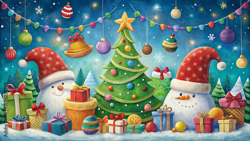 Whimsical christmas children drawing with santa vector illustration on white background  