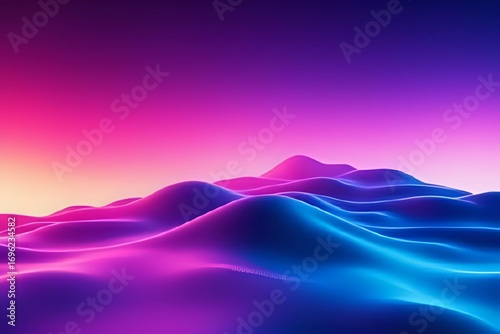 Colorful abstract 3D landscape with smooth gradient hills in vibrant pink, purple, and blue tones under glowing sunset sky, futuristic digital background for modern design and creativity.