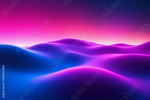 Colorful abstract 3D landscape with smooth gradient hills in vibrant pink, purple, and blue tones under glowing sunset sky, futuristic digital background for modern design and creativity.