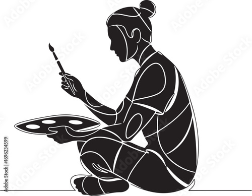 Vector art of silhouette of an artist sitting crosslegged, holding a paintbrush and palette