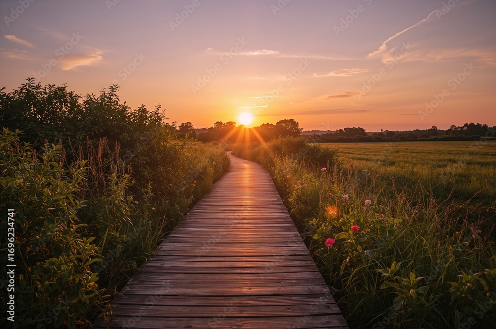 Obraz premium A serene dusk scene featuring a wooden walkway.