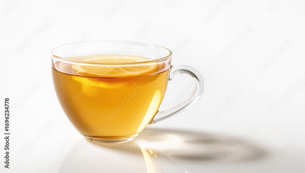 A clear glass filled with steaming lemon tea and a lemon wedge, set against a white backdrop A clear glass filled with steaming lemon tea and a lemon wedge, set against a white backdrop