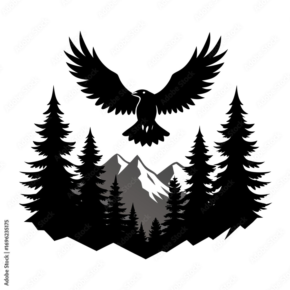 Obraz premium Flying Eagle over Mountain Forest Silhouette Vector