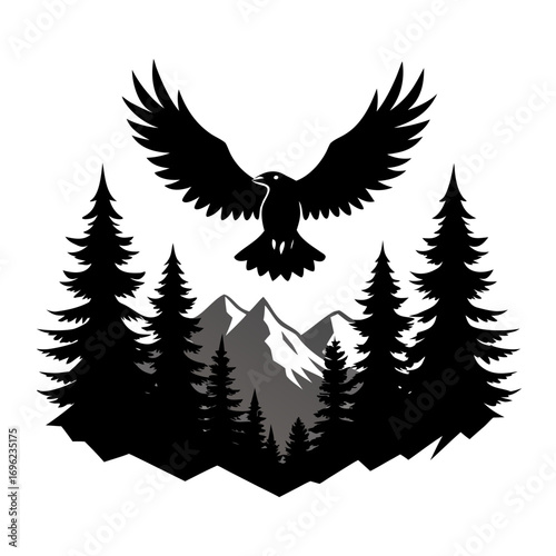 Flying Eagle over Mountain Forest Silhouette Vector