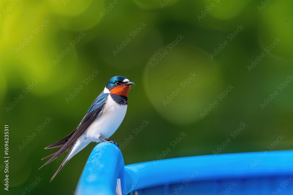 Fototapeta premium A small bird perches on the edge of a vibrant blue vessel