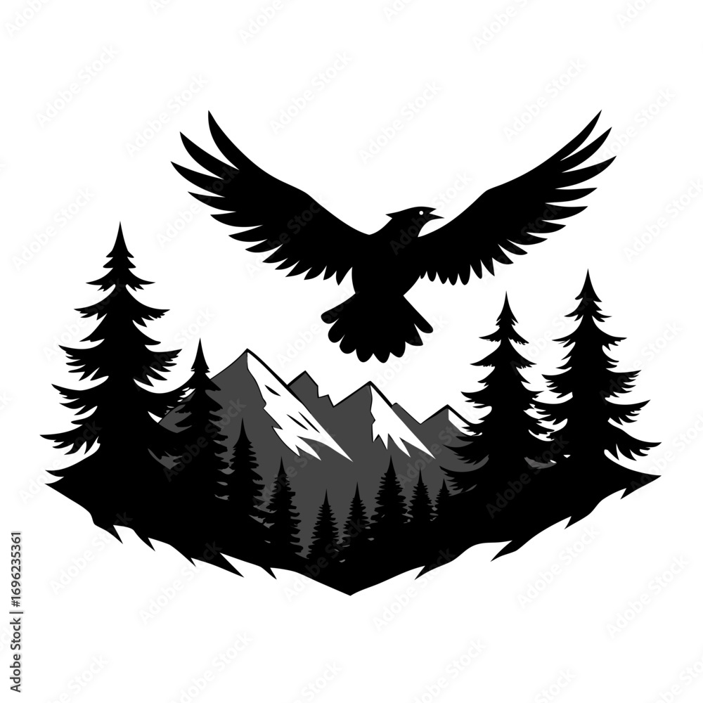 Obraz premium Flying Eagle over Mountain Forest Silhouette Vector