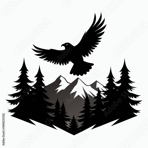 Flying Eagle over Mountain Forest Silhouette Vector
