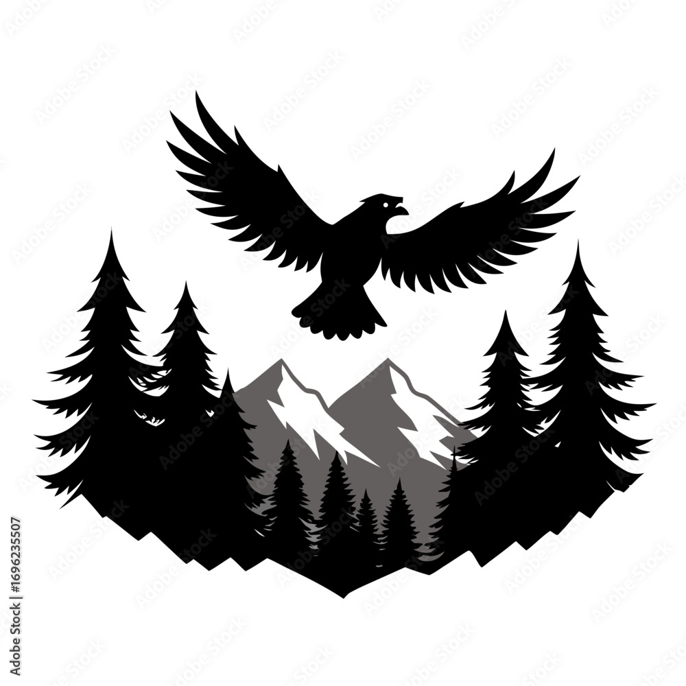 Obraz premium Flying Eagle over Mountain Forest Silhouette Vector