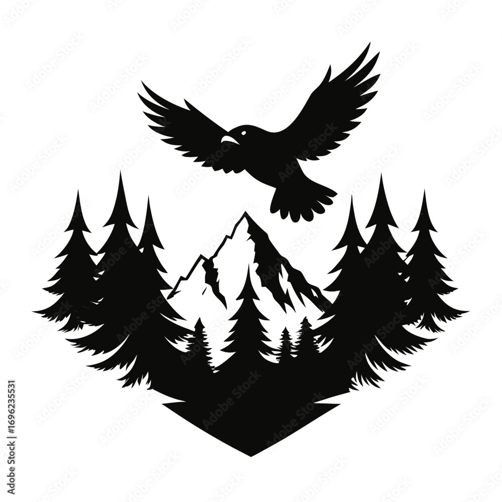 Obraz premium Flying Eagle over Mountain Forest Silhouette Vector