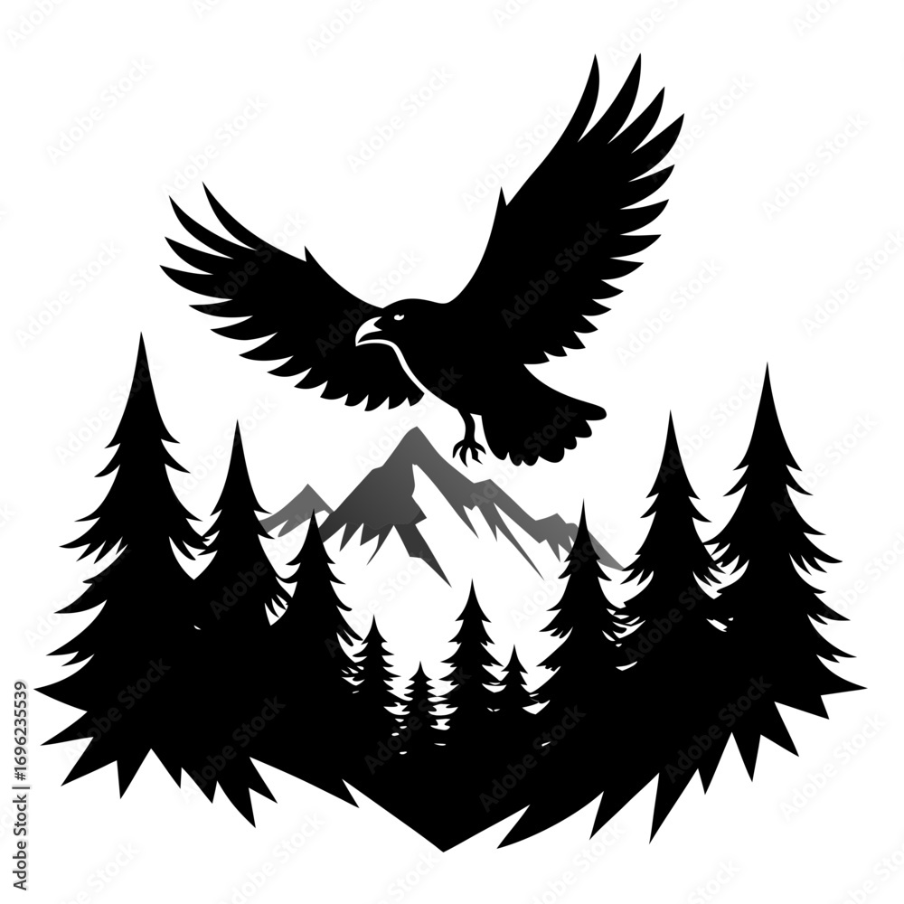 Obraz premium Flying Eagle over Mountain Forest Silhouette Vector