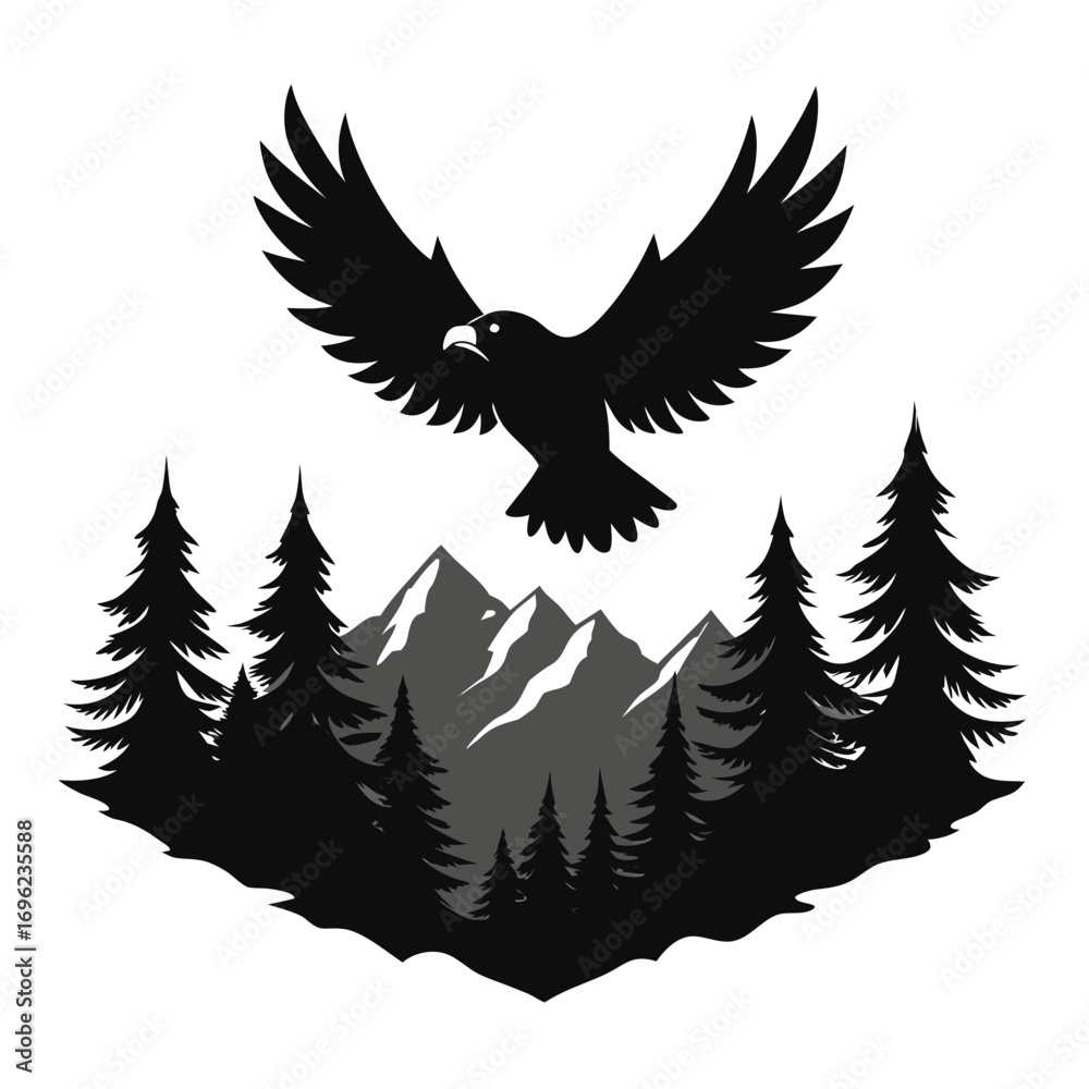 Obraz premium Flying Eagle over Mountain Forest Silhouette Vector