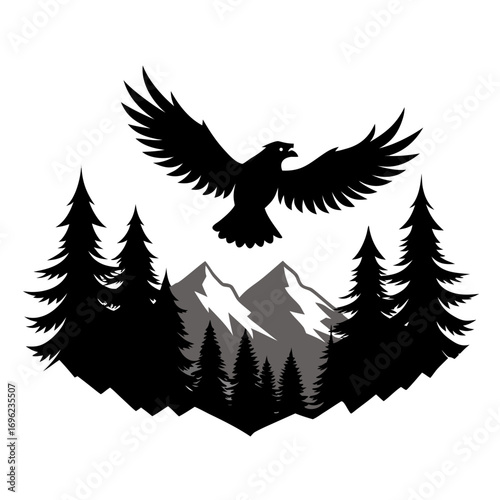 Flying Eagle over Mountain Forest Silhouette Vector